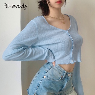 U-sweety เสื้อเบลาส์ลําลอง แขนยาว คอวี ติดกระดุม สีพื้น สไตล์สตรีท แฟชั่นสําหรับผู้หญิง