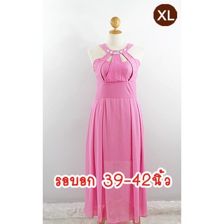 E1796-4-XL-ชุดราตรียาวคนอ้วน สีชมพู ผ้าสแปนเด็กซ์ยืด ด้านในเป็นกระโปรงทรงสอบและมีกระโปรงผ้าชีฟองผ่าข้าง