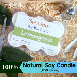 SenOdos เทียนหอม อโรม่า ทีไลท์ เทียนไขถั่วเหลือง Tealight Set Lemongrass ขนาดพกพา ขนาดทดลอง กลิ่นตะไคร้ 15 g. (6 ชิ้น)