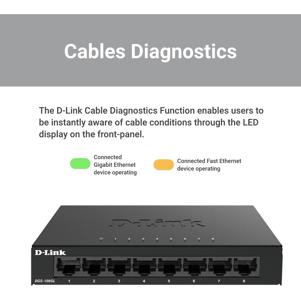 สวิตซ์ฮับ D-LINK (DGS-108GL) 8 Port Gigabit Metal Unmanaged Desktop Switch 10/100/1000 Mbps.
