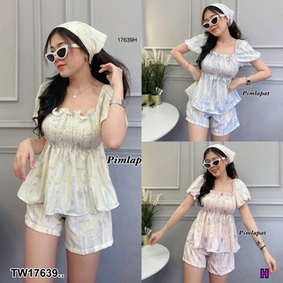 Set 3 ชิ้น เสื้อคอกว้างพิมลาย + กางเกงขาสั้น + ผ้าโพกผม MM17639 Set of 3 pieces. Wide-necked shirt with pattern pattern
