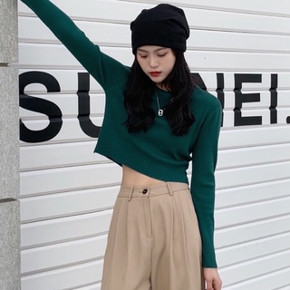Lady_Girl⚡️450/BB#เสื้อแฟชั่นเกาหลีเเขนยาว#เสื้อครอปไหมพรมคอกลมเนื้อผ้านุ่ม