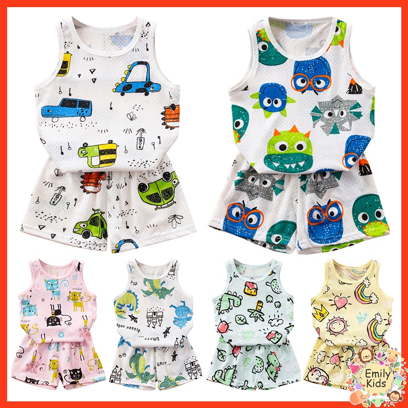 พร้อมส่ง เสื้อยืดแขนกุด กางเกงขาสั้น ผ้าฝ้าย 100% ลายการ์ตูนไดโนเสาร์ แมว สีรุ้ง สําหรับเด็กผู้ชาย ผู้หญิง อายุ 1-9 ปี ขายส่ง 2 ชิ้น
