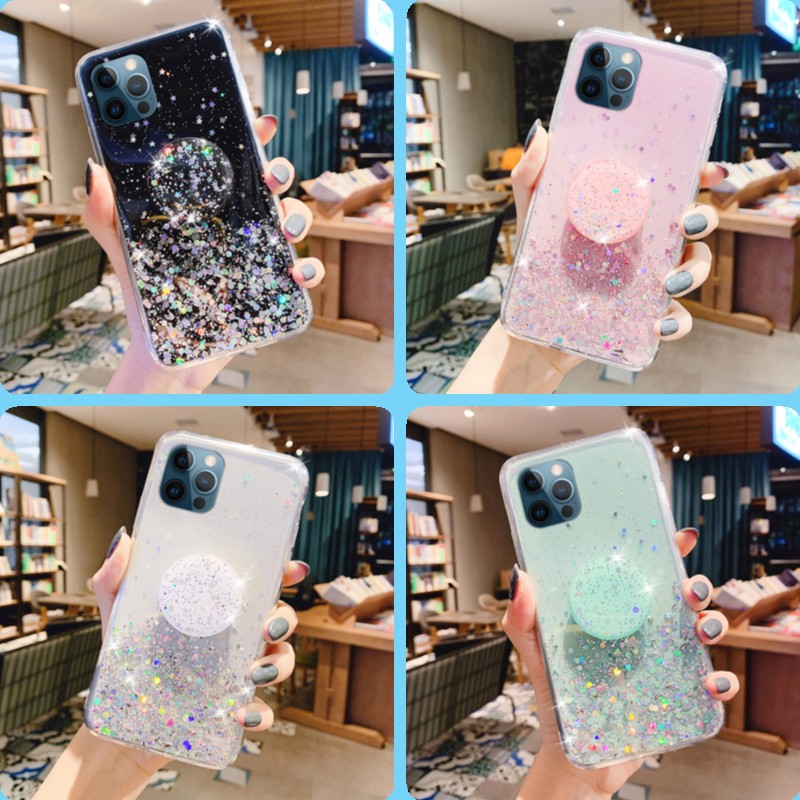 เคส OPPO A18 A79 A78 A58 A38 A57 A77S A53 A54 A93 A31 A31 A17 A17K A15 A15S A52 A92 A12 A9 A7 A5 A5S A3S A1K Reno4 Reno5 Realme 5 5i C3 C2 C1 Pro 4G 5G 2020 2022 Glitter Sequins Soft Case Cover + Stand