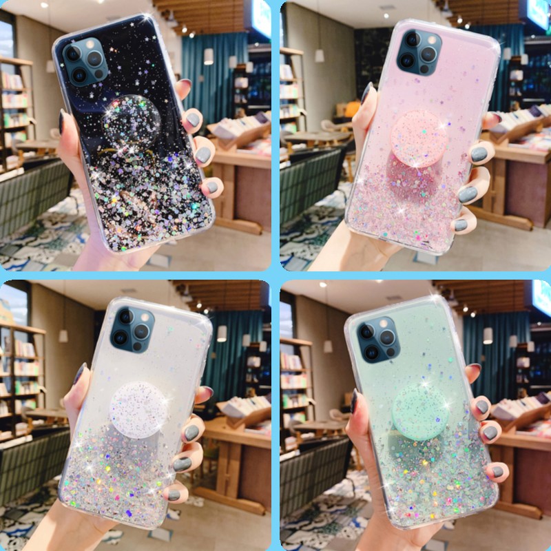 เคส Samsung S23 S22 Ultra S21 S20 FE S10 S10+ S9 S9+ S8 S8+ Note 20 Ultra 10 9 8 Pro Plus Glitter Sequins Soft Case Cover+Stand