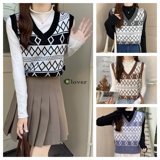 เสื้อกล้ามไหมพรมถัก เสื้อกั๊กหญิง สไตล์ย้อนยุคเกาหลี เสื้อกันหนาว Diamond plaid knitted vest 25602