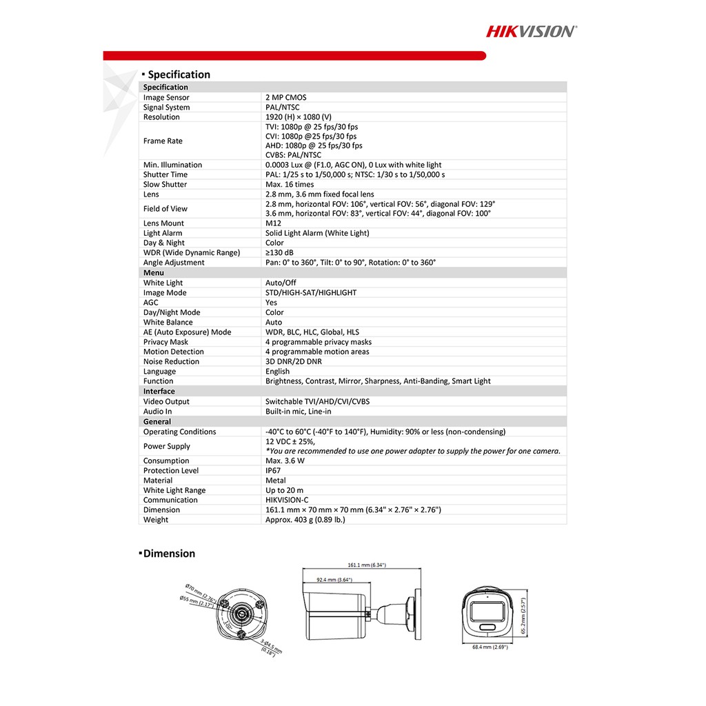 HIKVISION กล้องวงจรปิด 4 ระบบ 2 MP DS-2CE10DF8T-FSLN (2.8mm) COLORVU, มีไมค์ในตัว, ย้อนแสงได้ BY BILLIONAIRE SECURETECH