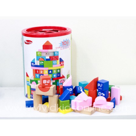 บล็อกไม้ บล็อกหยอด บล็อกปราสาท สอนคำศัพท์ Early Education Buicding Block 100pcs เหมาะสำหรับเด็กอายุ 