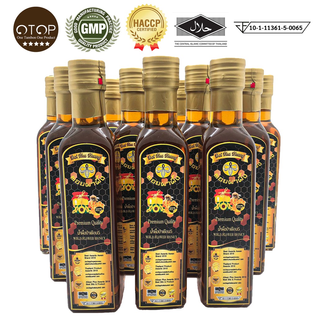 น้ำผึ้งป่าเดือน 5 แท้100% เกรดพรีเมี่ยม (ชุด12ขวด)  ขนาด350กรัม ตราดอยผาผึ้ง