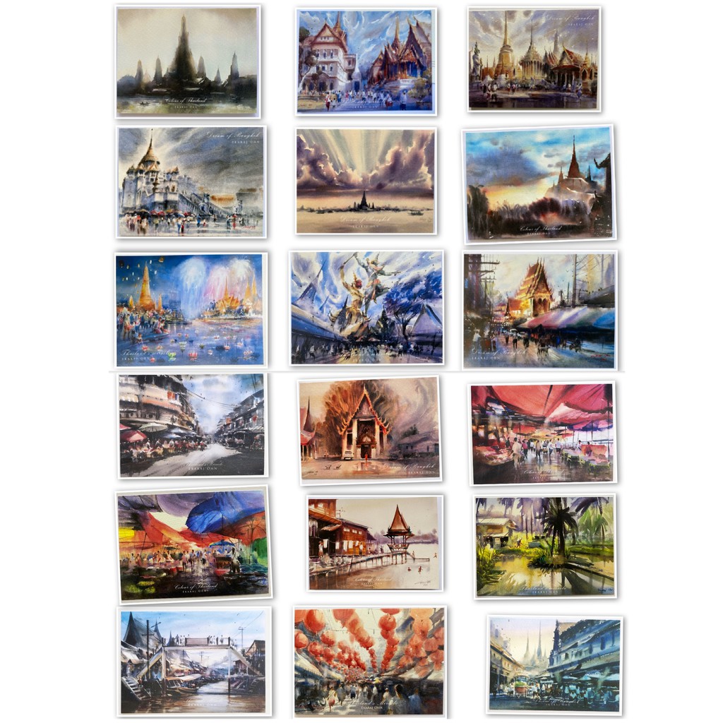 Postcard โปสการ์ดภาพวาดสีน้ำรวมภาพบรรยากาศวัดวังวิถีชีวิตในประเทศไทย |  Shopee Thailand