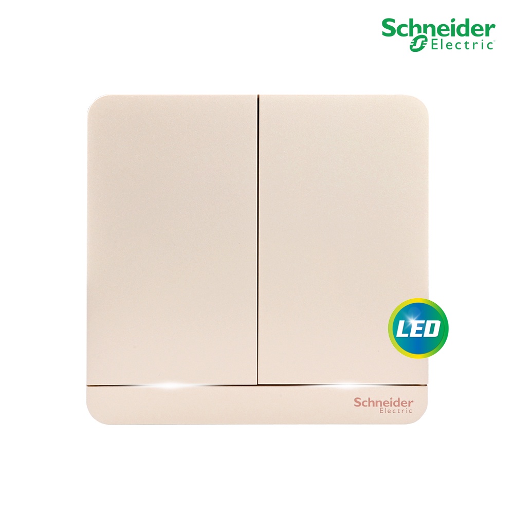 Schneider สวิตช์ไฟทางเดียว 2 ช่อง มีไฟ LED 2 switches 16AX 250V 1 Way LED สีทอง รุ่น AvatarOn E