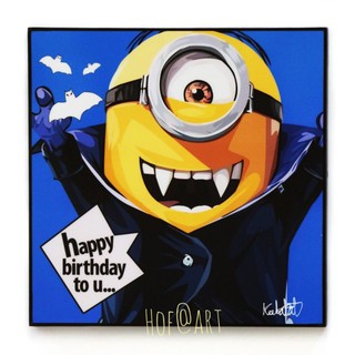 Minion มินเนี่ยน Happy Birthday เรื่อง Despicable Me รูปภาพ​ติด​ผนัง​ pop art การ์ตูน อนิเมชั่น แต่งบ้าน ของขวัญ กรอบรูป