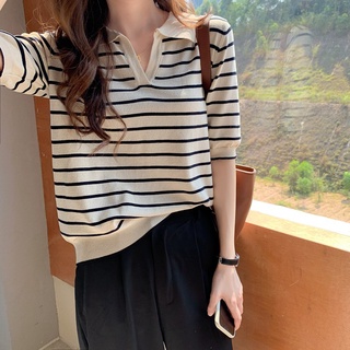 Sterrashop - Polo stripe knit top เสื้อโปโลไหมพรมแขนสั้น 2 สี