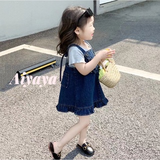 Aiyaya-103🌈ชุดเสื้อผ้าเด็กผู้หญิง🌈ชุดเดรสเด็กผู้หญิง👧🏻ฤดูร้อนแขนสั้น + กระโปรงเดนิม สูท กระโปรงเดนิม