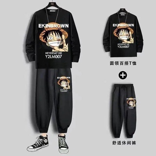 2020 ใหม่ One Piece ชุดนักเรียนชายเกาหลีรุ่น Casual Anime เสื้อยืดแขนยาวผู้ชายกางเกงเก้าจุดชุด TREND