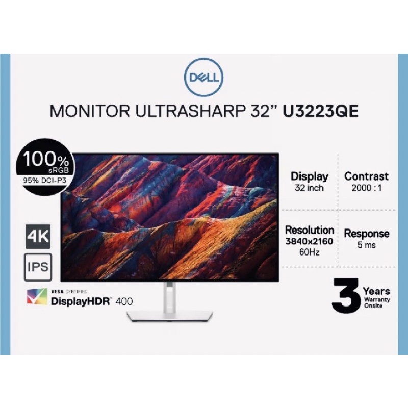 Dell UltraSharp 32 4K  3840 x 2160 at 60USB-C Hub Monitor - U3223QE   3ปี Dell Onsite Service