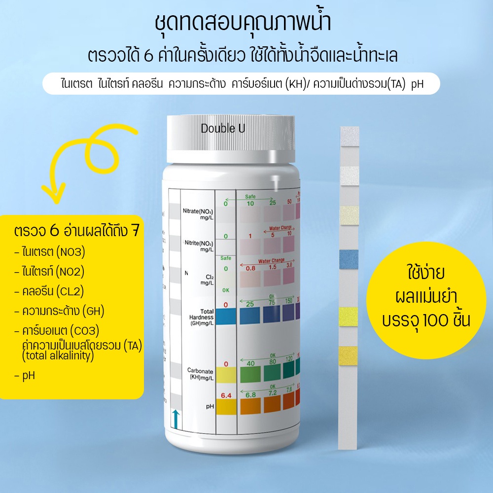 แผ่นตรวจคุณภาพน้ำบ่อปลา ตรวจ 6 อ่านผลได้ถึง 7  บรรจุ 100 ชิ้น ใช้ได้ทั้งน้ำจืดและน้ำทะเล pH check