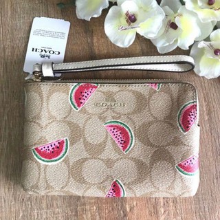 🎀 คล้องมือ 1 zip S น้ำตาลลายซี แตงโม COACH 3281 CORNER ZIP WRISTLET IN SIGNATURE CANVAS WITH WATERMELON PRINT