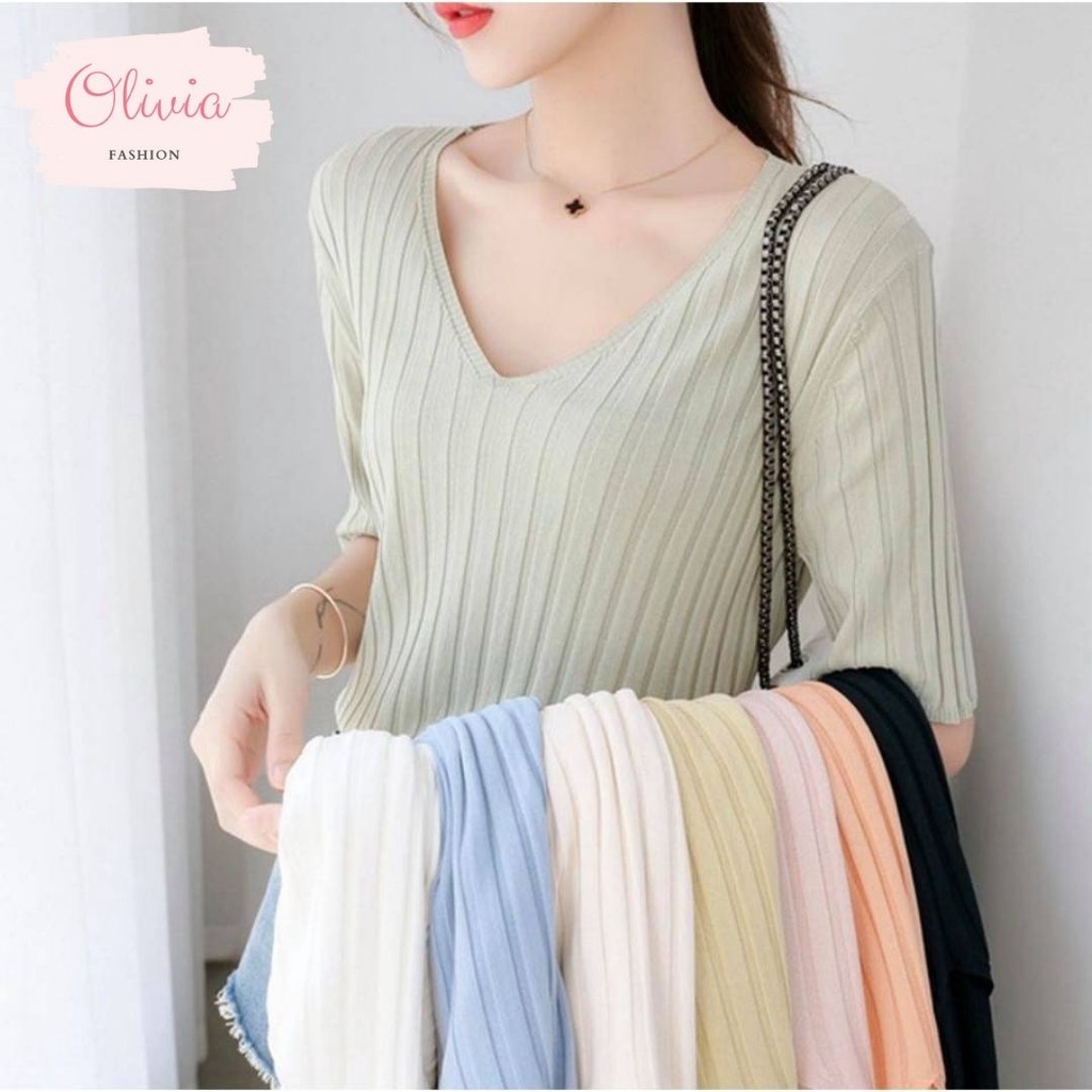 Olivia เสื้อไหมพรม คอวี (สีพื้น) ลายเส้นใหญ่ ผ้านิ่มใส่สบาย #A068