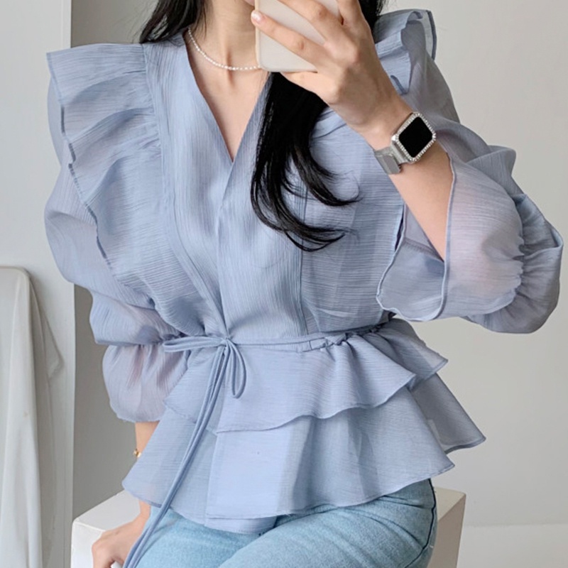 สไตล์เกาหลีผู้หญิงสุภาพสตรี v คอ ruffle เสื้อเชิ้ตแขนยาวบางเสื้อเชิ้ตผู้หญิงเสื้อเชิ้ตผู้หญิง