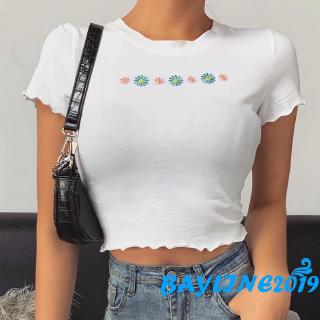 ay - women เสื้อยืดแฟชั่นสตรีคอก ลมแขนสั้นลายดอกไม้