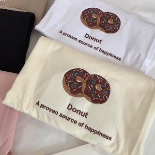 S075 เสื้อยืด oversize ผ้าคอตตอน สไตล์มินิมอล ปัก Donut A proven source of happiness