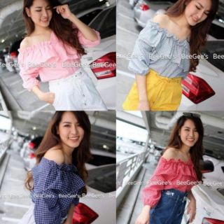 Sale!!เสื้อเบี่ยงไหล่ระบายเฉียงลายสก็อต มี4สี