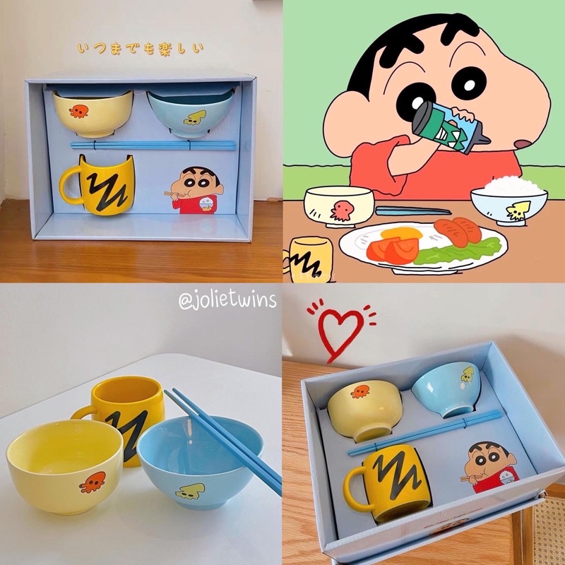 พร้อมส่ง ชุดเซตชินจัง ถ้วย ชาม แก้ว ตะเกียบ เซตนี้เหมือนที่ชินจังใช้ในการ์ตูน ส่งของขวัญ น่ารัก เขียนโน้ตพรี 14006