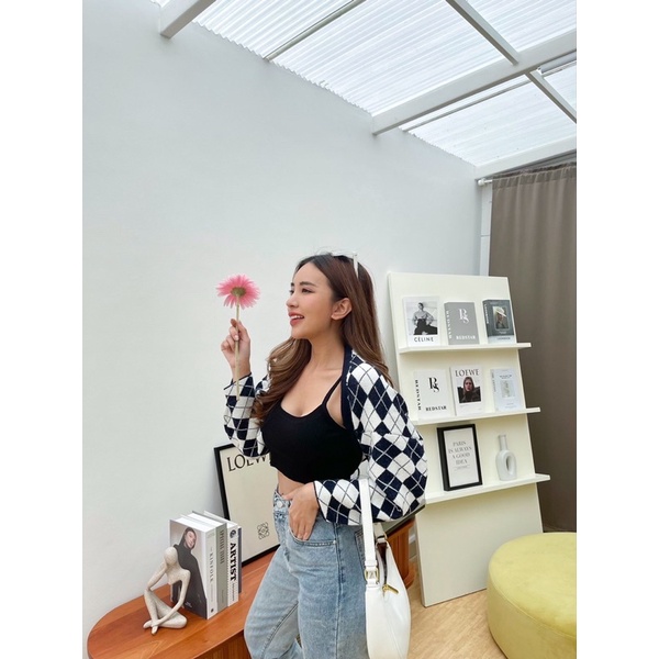 พร้อมส่ง เสื้อไหมพรมใส่สวมเเค่เเขนลายตารางทูโทน - wearable_shop - ThaiPick