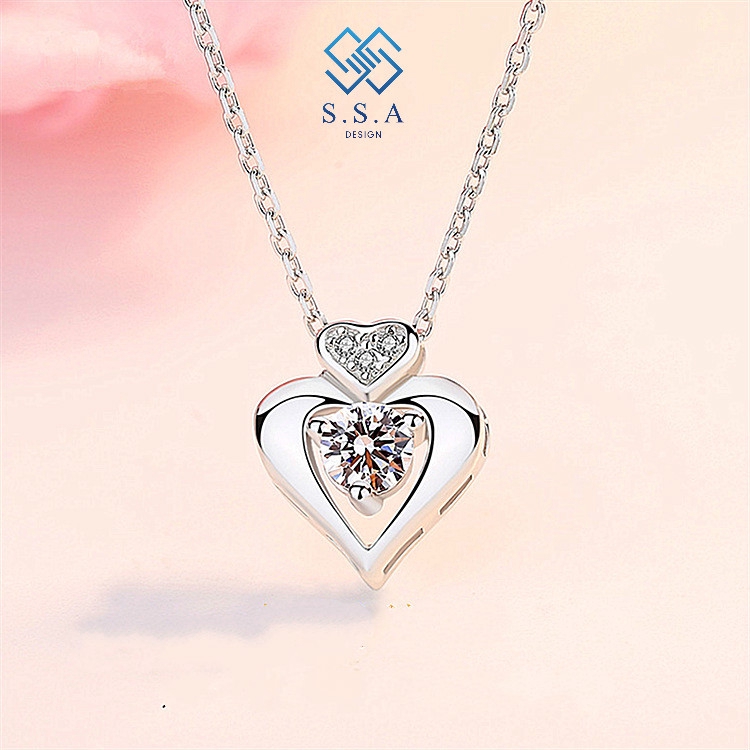 SSA เกาหลี 925 เงินคลาสสิกสร้อยคอหัวใจรักคู่ Rantai Leher Inlay จี้เพทาย CA5
