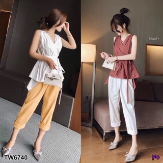 TwinsShopVip💗พร้อมส่ง TW6740 Set 2 ชิ้น เสื้อแขนกุด คอวีไขว้ +กางเกงขายาว