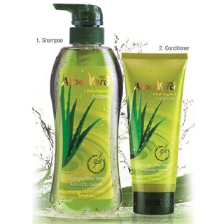 Mistine Aloe Vera Rich-Organic set (แชมพู+ครีมนวดผม) สูตรผมนุ่มลื่น ฟื้นบำรุงผมที่แห้งเสีย ชี้ฟู ให้กลับมามีสุขภาพดี