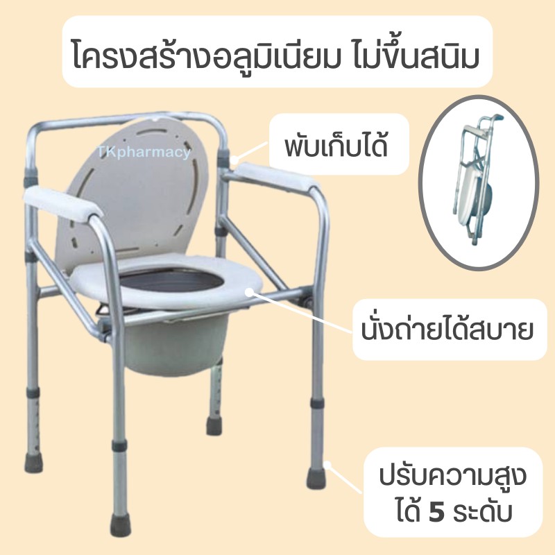 เก้าอี้นั่งถ่าย + อาบน้ำได้ เก้าอี้นั่งถ่ายผู้สูงอายุ ( รุ่นพับได้ - สีเงิน )
