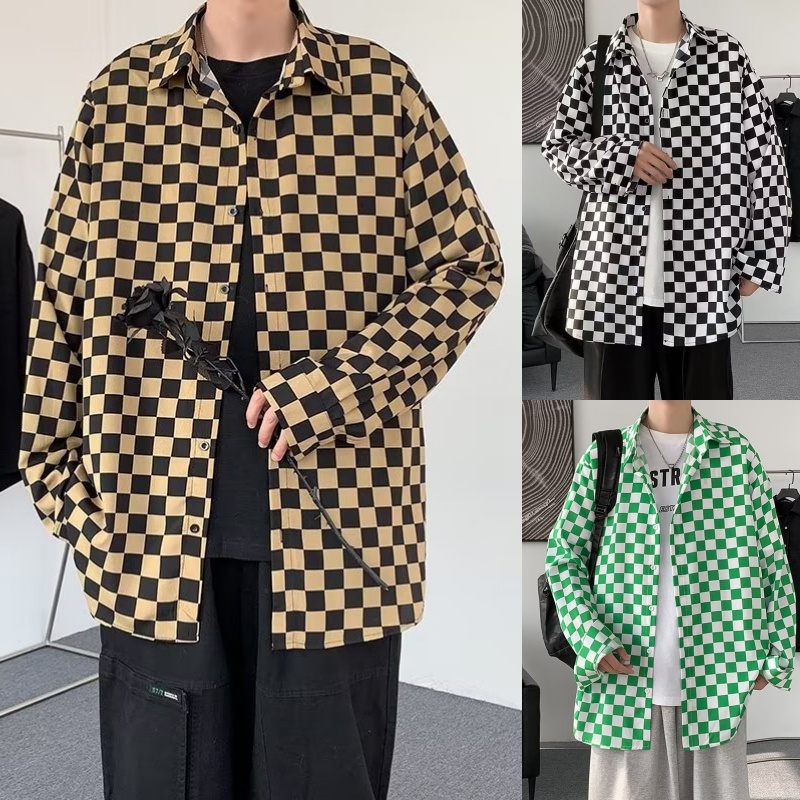 COD M-3XL เสื้อเชิ้ตเกาหลี แขนยาว รูปแบบกระดานหมากรุก สีพื้น ผ้านิ่มนุ่ม เสื้อเชิ้ตแขนยาวผู้ชายเกาหลี สวมใส่สบาย