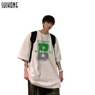 Suikone เสื้อผ้าผู้ชาย เสื้อยืดผู้ชายฤดูร้อนใหม่พิมพ์รอบคอครึ่งแขนสไตล์ถนนหลวมนักเรียนแขนสั้น เสื้อยื้ด