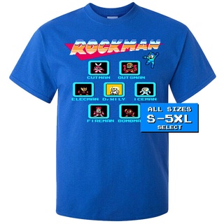 ผ้าฝ้ายคอกลมเสื้อยืดผ้าฝ้าย 100% พิมพ์ลาย Rockman Megaman 1 Nes Boss สีฟ้าสําหรับผู้ชายfrom S-4XL