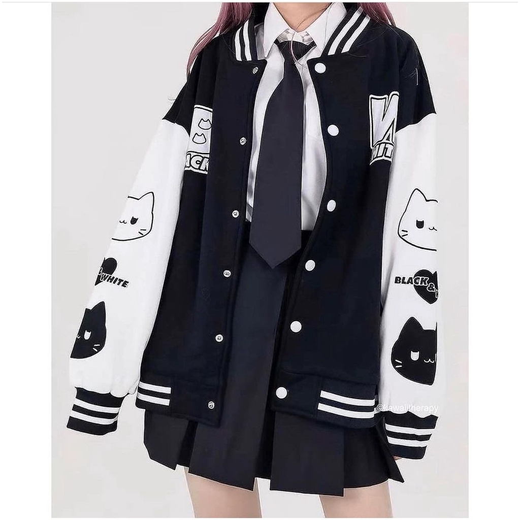เสื้อกันหนาวผู้หญิง BLACK WHITE BASEBALL OVERSIZE | เสื้อแจ็คเก็ตผู้หญิงน่ารักขนาดใหญ่ | เสื้อสเวตเตอร์ไซส์ Xl-Xxl สไตล์เกาหลี