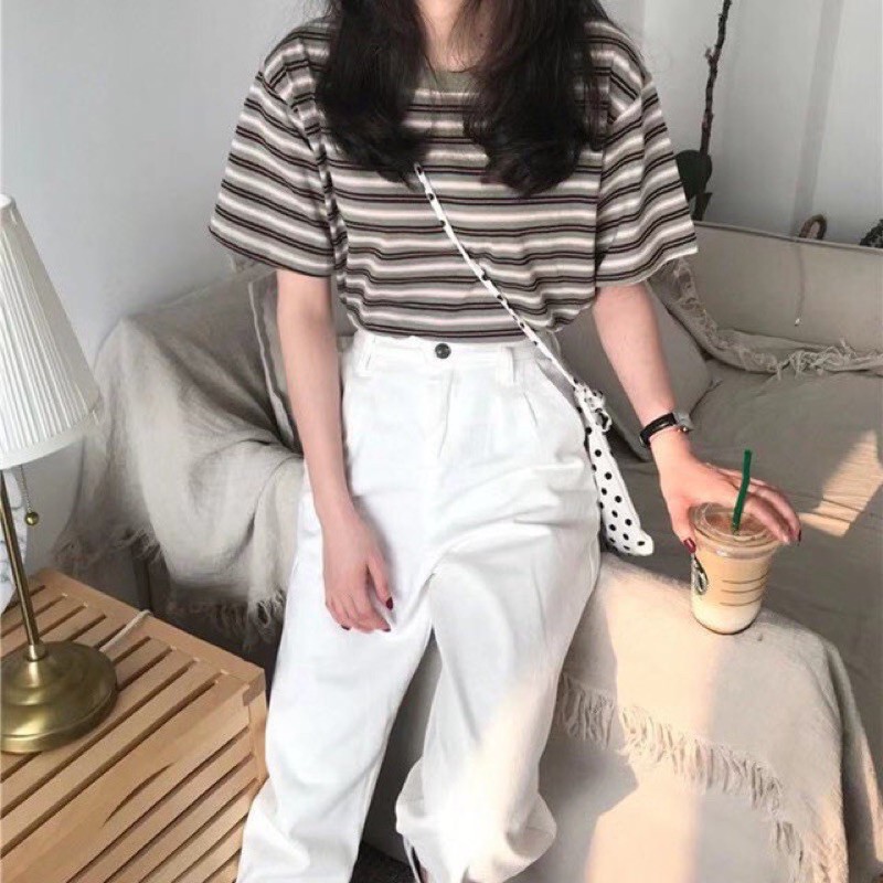 👕เสื้อยืดคอกลม ลายทาง สไตล์ วินเทจ M-2XL มี 3 สี #9304 - รูปที่ 2