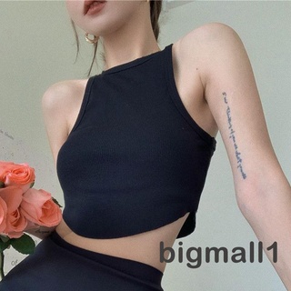 Bigmall- เสื้อกล้าม คอกลม แขนกุด สีพื้น สีขาว/สีดํา สําหรับผู้หญิง