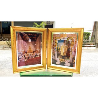 กรอบรูปบานพับขนาด 6x8 นิ้ว ใส่ภาพ 5x7 นิ้ว กระจกใส 2 ด้าน สติ๊กเกอร์เลเซอร์สีทอง (กรอบเปล่า)