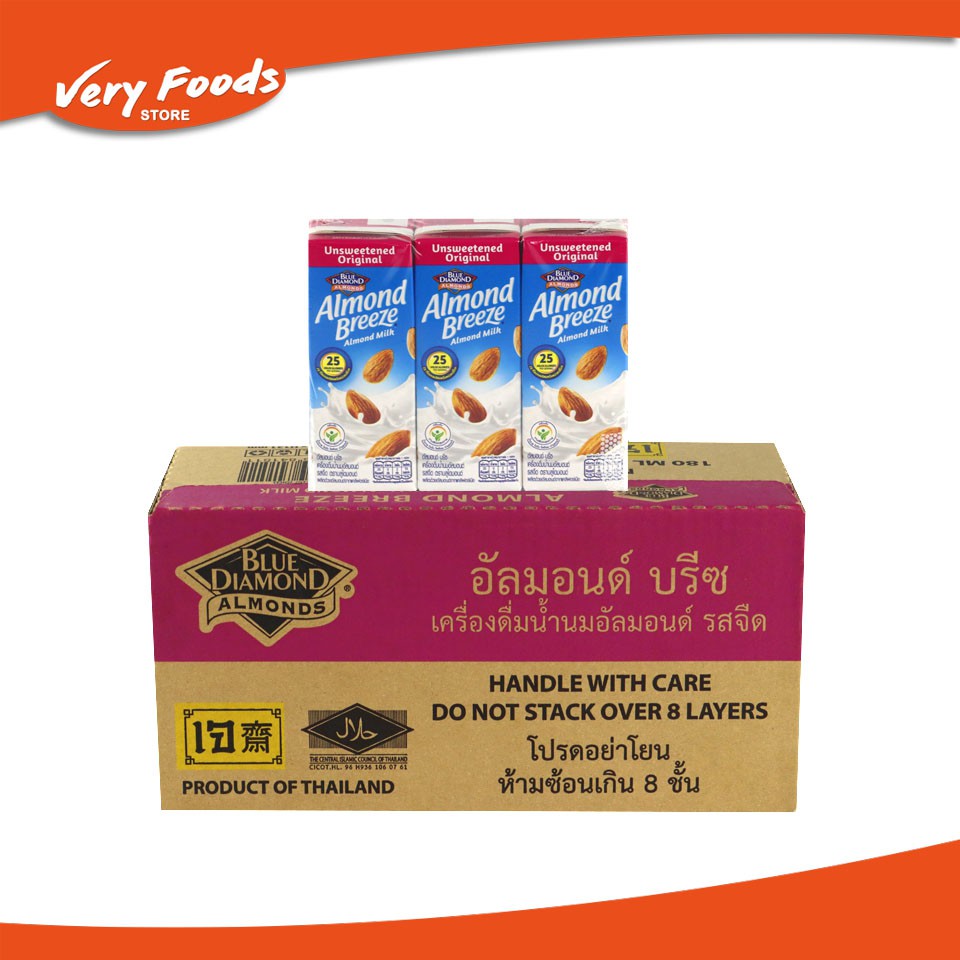 บลูไดมอนด์ อัลมอนด์ บรีซ นมอัลมอนด์ (รสจืด) 180 มล. ยกลัง Blue Diamond Almond breeze Unsweetened Ori