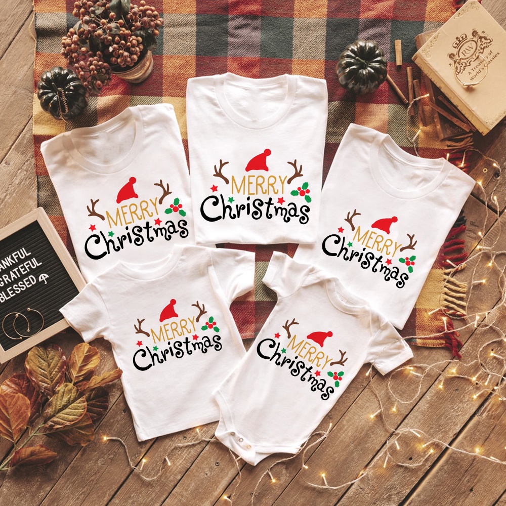 เสื้อยืด แขนสั้น พิมพ์ลาย Merry Christmas สีขาว สําหรับครอบครัว