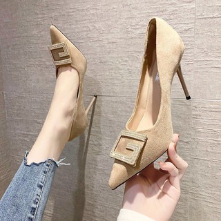 ✲✲รองเท้าส้นสูงสีดำผู้หญิง 2021 ฤดูใบไม้ผลิใหม่ stiletto suede รองเท้าทำงานมืออาชีพอารมณ์ pointed toe รองเท้าเดียวแนวโน้