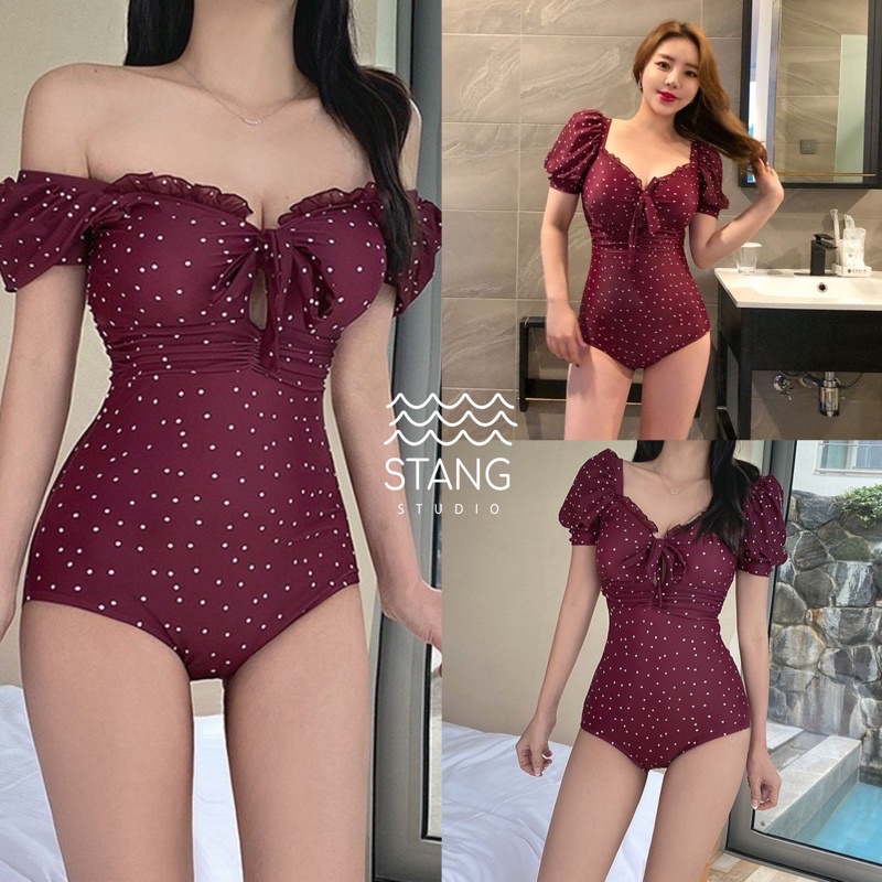 A1305ชุดว่ายน้ำ แขนตุ๊กตาสีแดง ลายจุด ใส่ปาดไหล่ได้ น่ารักสดใส พร้อมส่งในไทย