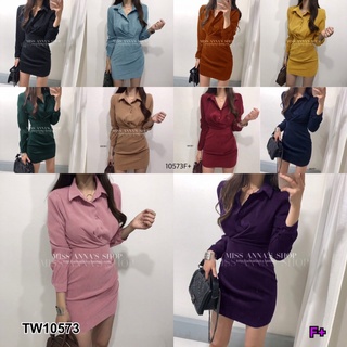 SK10573 Dress เดรสแขนยาวคอปก ติดกระดุมครึ่งตัว งานผ้าซาร่าเย็บจีบหน้า ช่วงกระโปรงด้านข้าง 2 ข้างเย็บจีบเป็นทรง เอวยืด