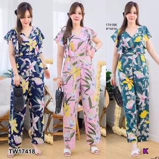 TW17418 Jumpsuit#สาวอวบ จั้มสูทคอวี