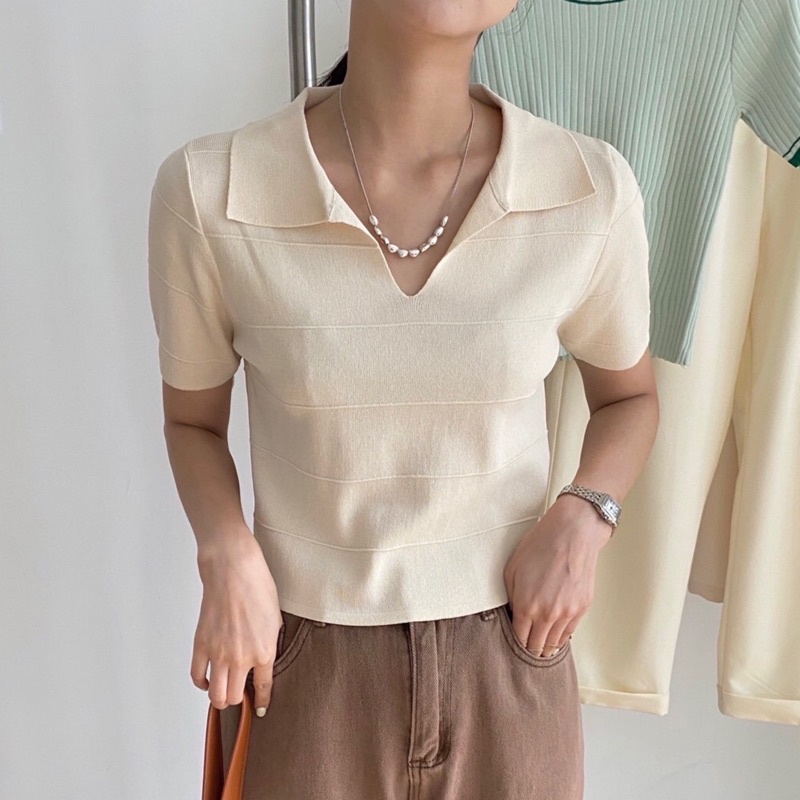 Sakura.official 355-1/BB#เสื้อแฟชั่นคอปกลายขวางเเละสีพื้น#เสื้อครอปแขนสั้นเนื้อผ้าใหมพรม