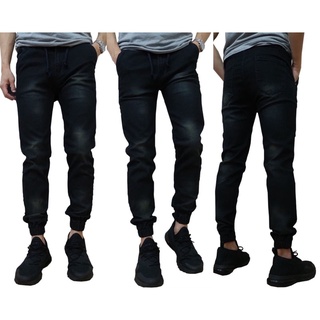 Jogger Pants กางเกงขาจั๊ม สีดำยีนส์ฟอกเอวสม็อคมีเชือกผูก ยืด สวมใส่สบาย Size 28-54 รับชำระปลายทาง มีไซส์ใหญ่