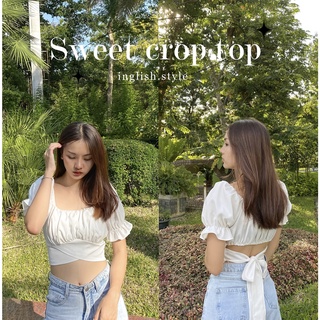 เสื้อครอปแขนตุ๊กตา ผูกโบว์หลัง เสื้อปาดไหล่ผูกโบว์ข้างหลัง รุ่น Sweet crop top