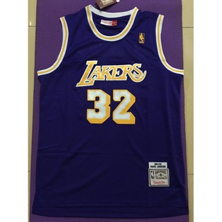 ใหม่ NBA Los Angeles Lakers สําหรับผู้ชาย #เสื้อกีฬาบาสเก็ตบอล ปักลาย 32 magic Earvin Johnson M&amp;N สีม่วง